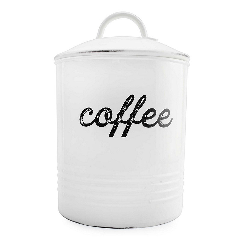 AuldHome Enamelware White Coffee Canister; Rustic Distressed Style Tea Storage for Kitchen Image