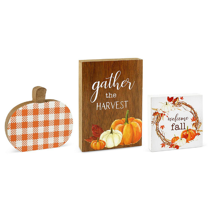 AuldHome Fall Wood Block Signs (Set of 3); Small Pumpkin and Harvest Shelf Signs/Wall Decor Image