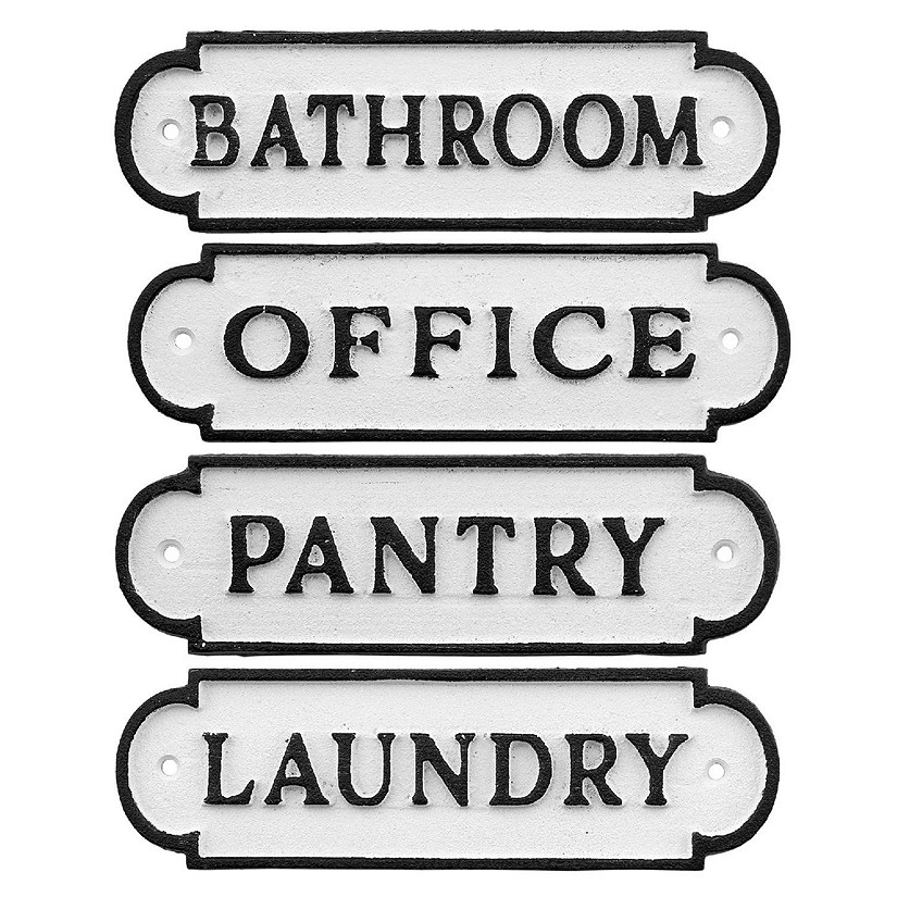 AuldHome Farmhouse Decor Metal Signs, Set of 4 Decorative Cast Iron Door Room Plaques with "Pantry", "Office", "Bathroom" and "Laundry" Image