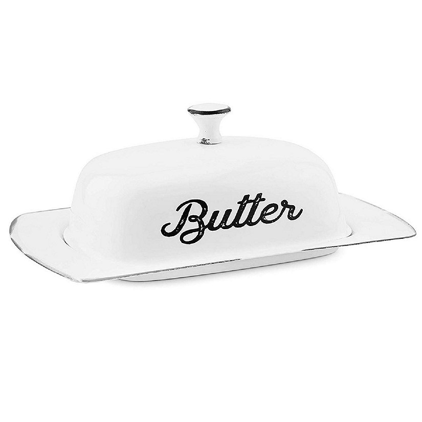 AuldHome Farmhouse White Butter Dish, Vintage Style Enamelware Butter Dish with Cover Image