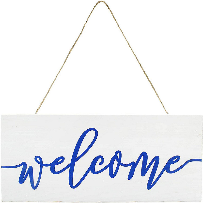 AuldHome Farmhouse Wooden Welcome Sign, White and Blue Rustic Style Wood Hanging Plaque, 12 x 6 Inches Image