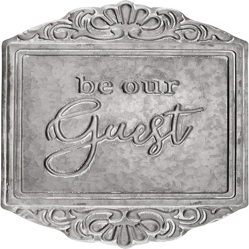 AuldHome Galvanized Steel Rustic Sign: "Be Our Guest", 15 x 11.5 Inch Farmhouse Decorative Wall Decor for Home or Guest Room Image