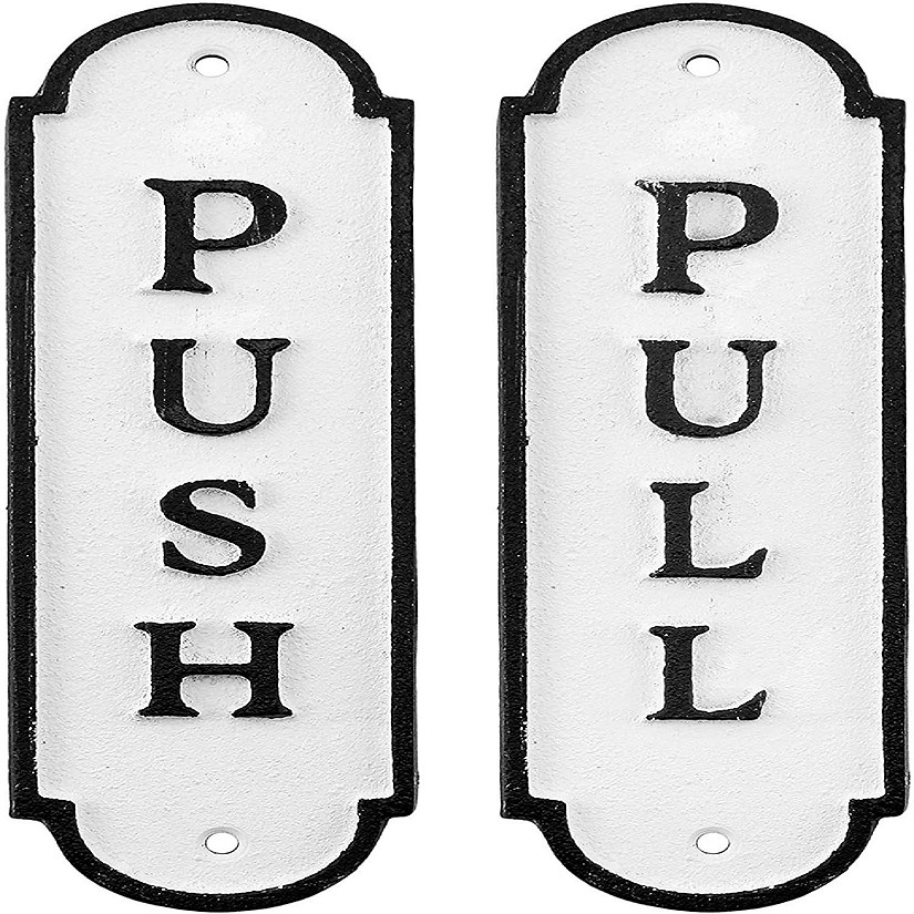 AuldHome Push Pull Door Signs (Set of 2); Cast Iron Farmhouse Style Vertical Signs for Home and Business Image