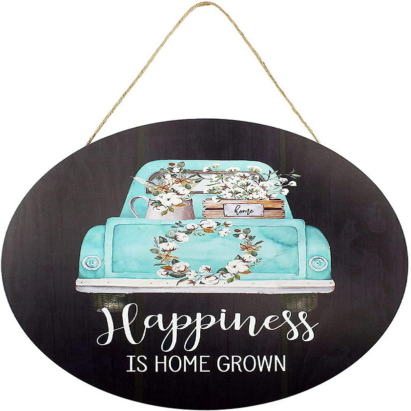 AuldHome Rustic Sign: Happiness is Home Grown, Round Wood Farmhouse Style Wall Plaque with Old Truck and Spring Flowers Image