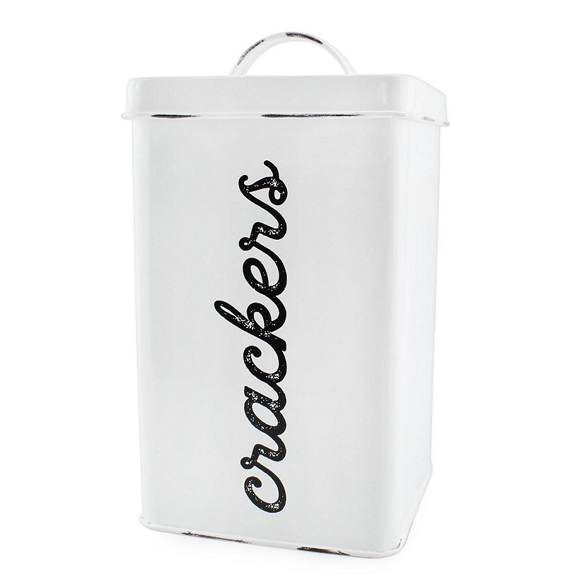AuldHome Rustic White Cracker Tin; Square Enamelware Classic Cracker Canister Image