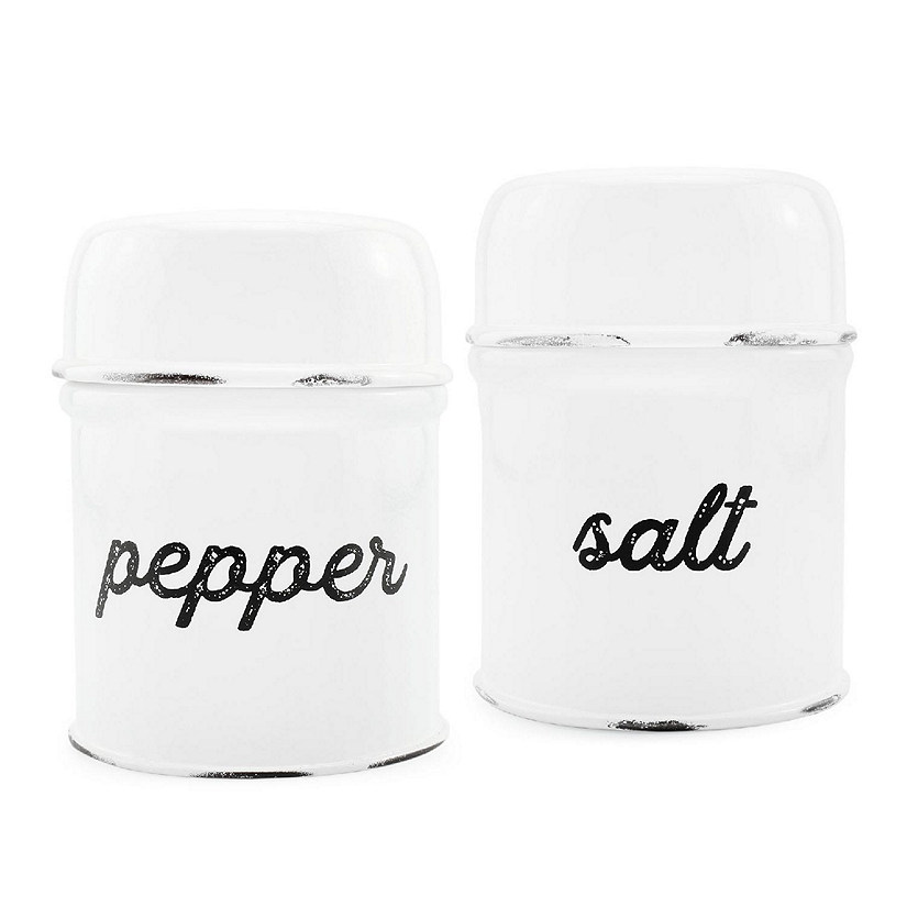 AuldHome Salt and Pepper Shaker Set (White); Rustic Enamelware Retro Vintage Style Shaker Set Image