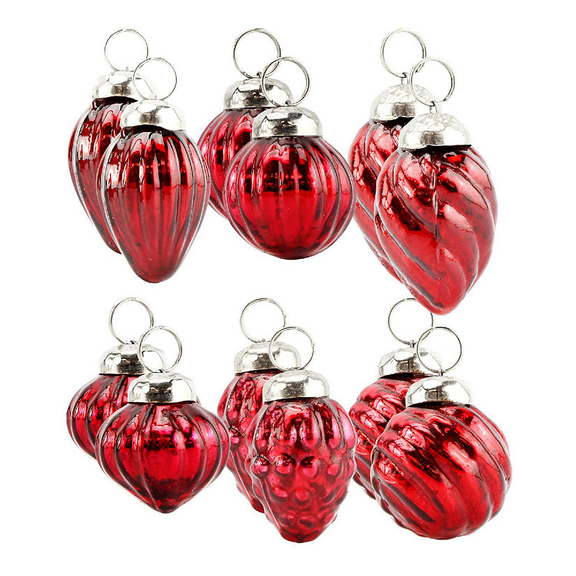 AuldHome Small Glass Finial Ornaments (Set of 12, Dark Red); Antiqued Ornaments Retro Christmas Decorations w/ Storage Bag; Small to Medium Tree Image