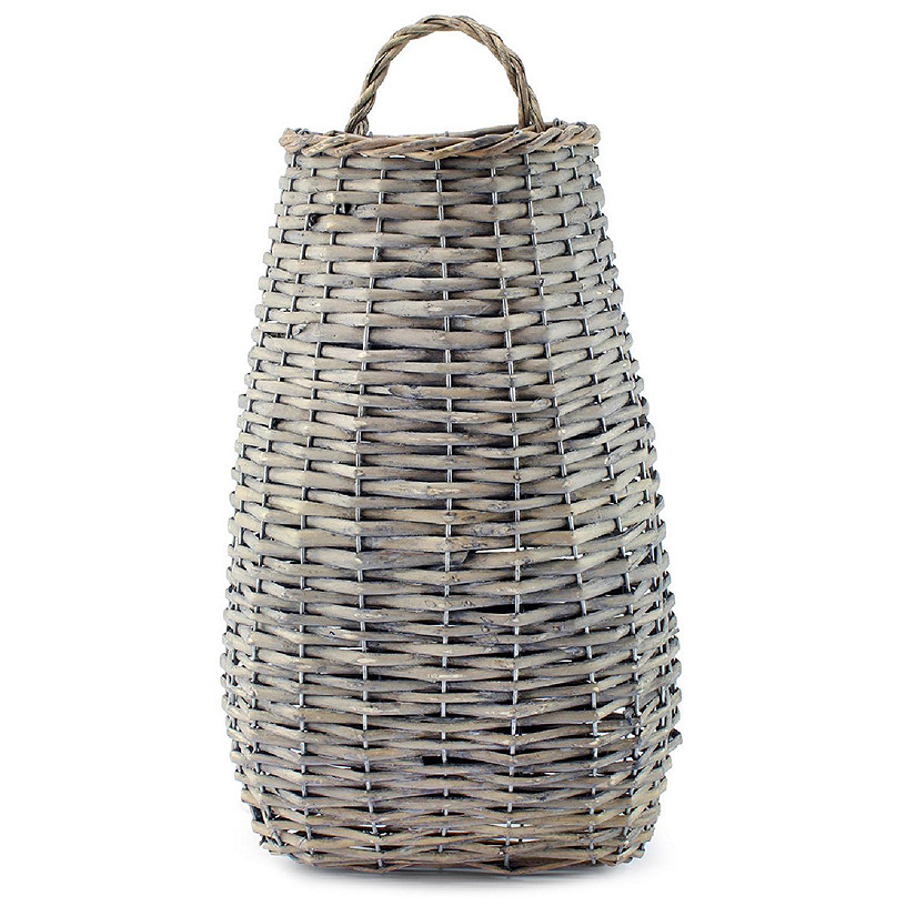 AuldHome Wall Hanging Pocket Basket; Woven Wicker Rustic Farmhouse Gray Washed Long Basket; 17 x 9 x 5 Inches Image
