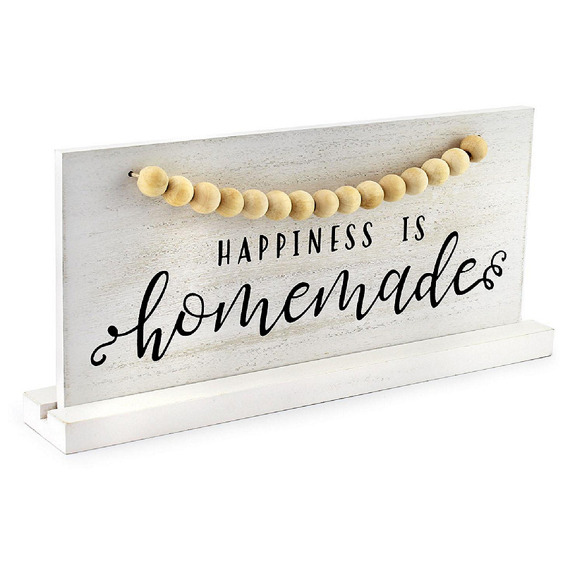 AuldHome Wood Beaded Sign, Happiness is Homemade, Table/Shelf Freestanding Rustic Farmhouse Sign, Distressed Whitewashed Style, 11.8 x 5.6 Inches Image