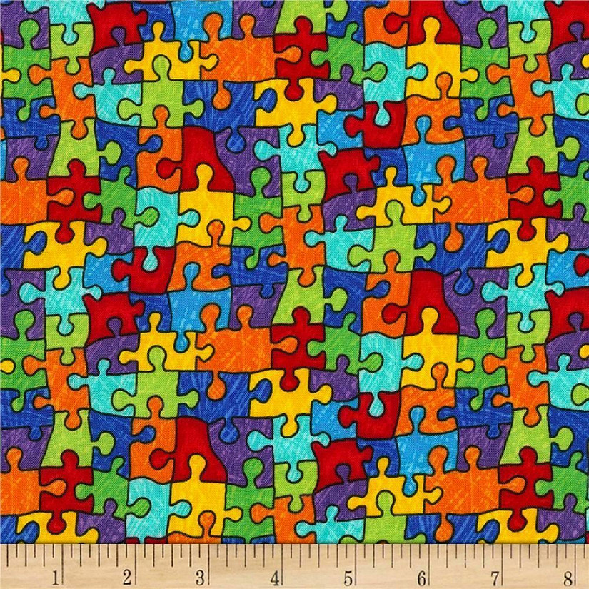 Autism Awareness Puzzle Pieces Rainbow Puzzle Cotton by Timeless Treasures Image