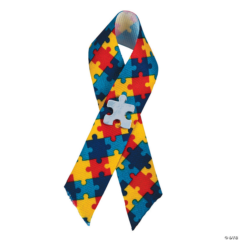 Autism Awareness Puzzle Ribbons with Pin - 12 Pc. Image