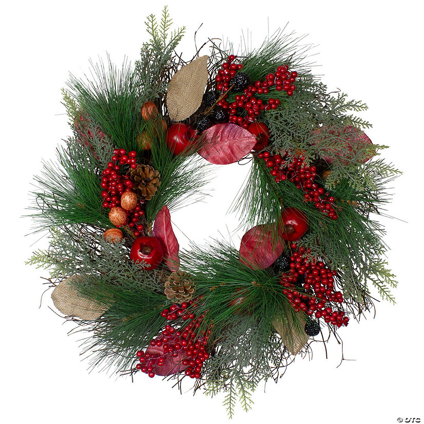 Autumn Harvest Pine  Berry and Pomegranate Wreath  24 inch  Unlit Image