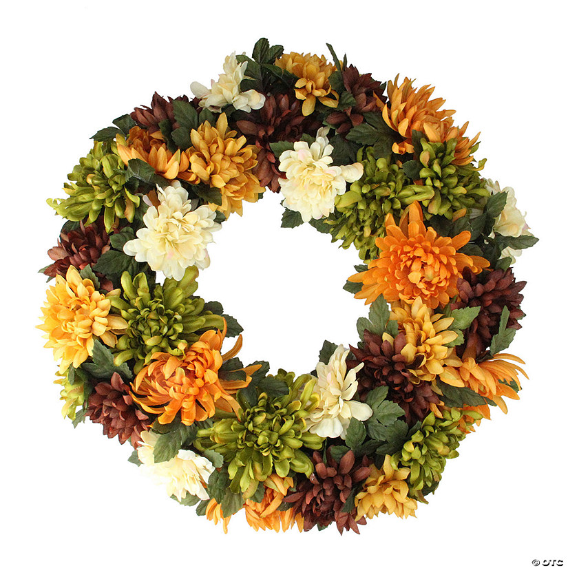 Autumn Orange and Green Chrysanthemum Artificial Thanksgiving Wreath - 19.5-Inch  Unlit Image