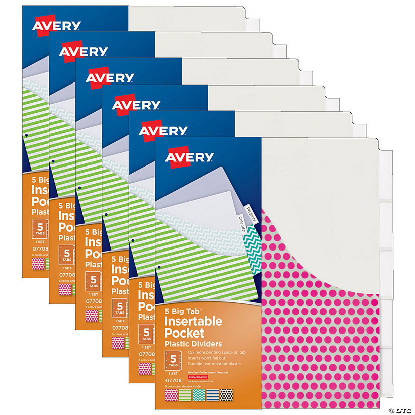 Avery Big Tab Insertable Plastic Dividers with Pockets, 5-Tab Set, Assorted Designs, 6 Sets Image