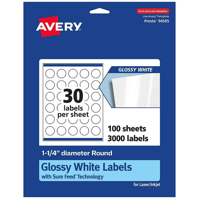 Avery Glossy White Round Labels, 1.25" Diameter, 3,000 Total Oriental