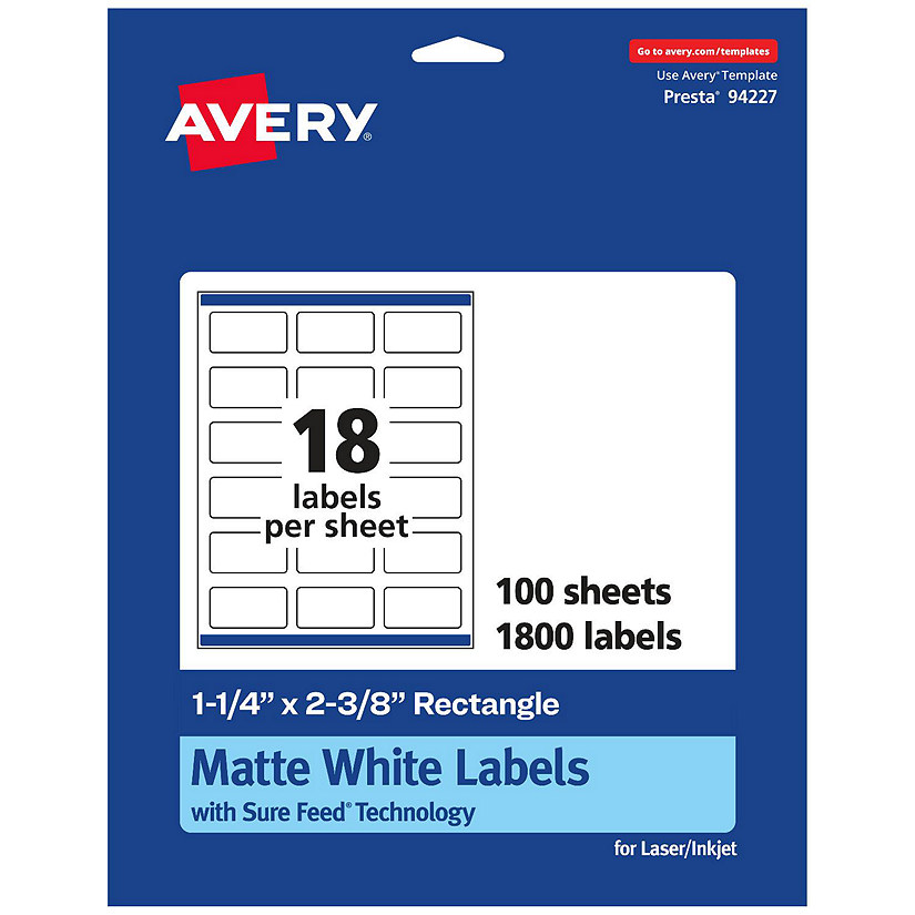 Avery Matte White Rectangle Labels, 11/4" x 23/8", 1,800 Labels