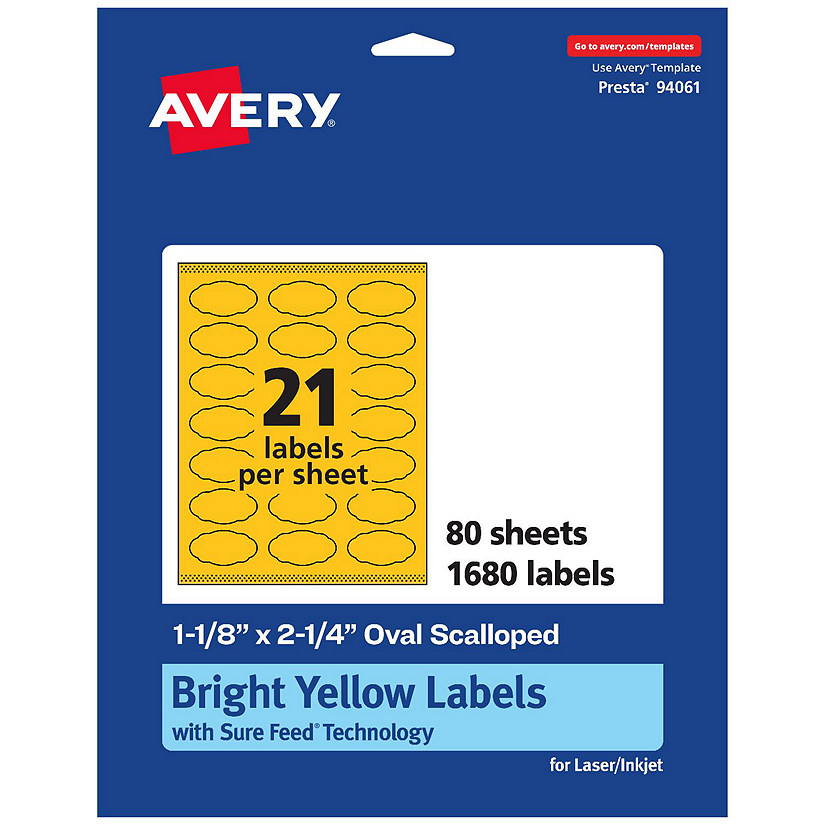 Avery Oval Scalloped Labels, Bright Yellow, 11/8" x 21/4", 1,680ct