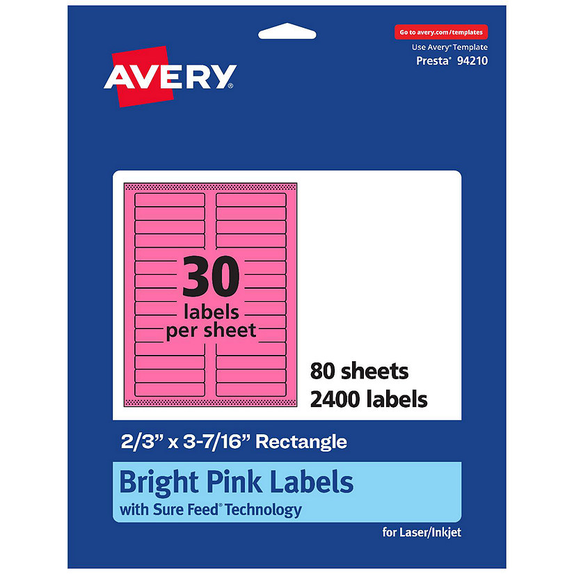 Avery Printable Rectangle Labels, Bright Pink, 2/3