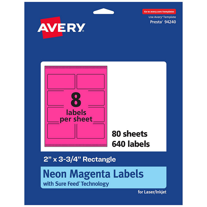 Avery Printable Rectangle Labels, Neon Magenta, 2" x 3.75", 640ct