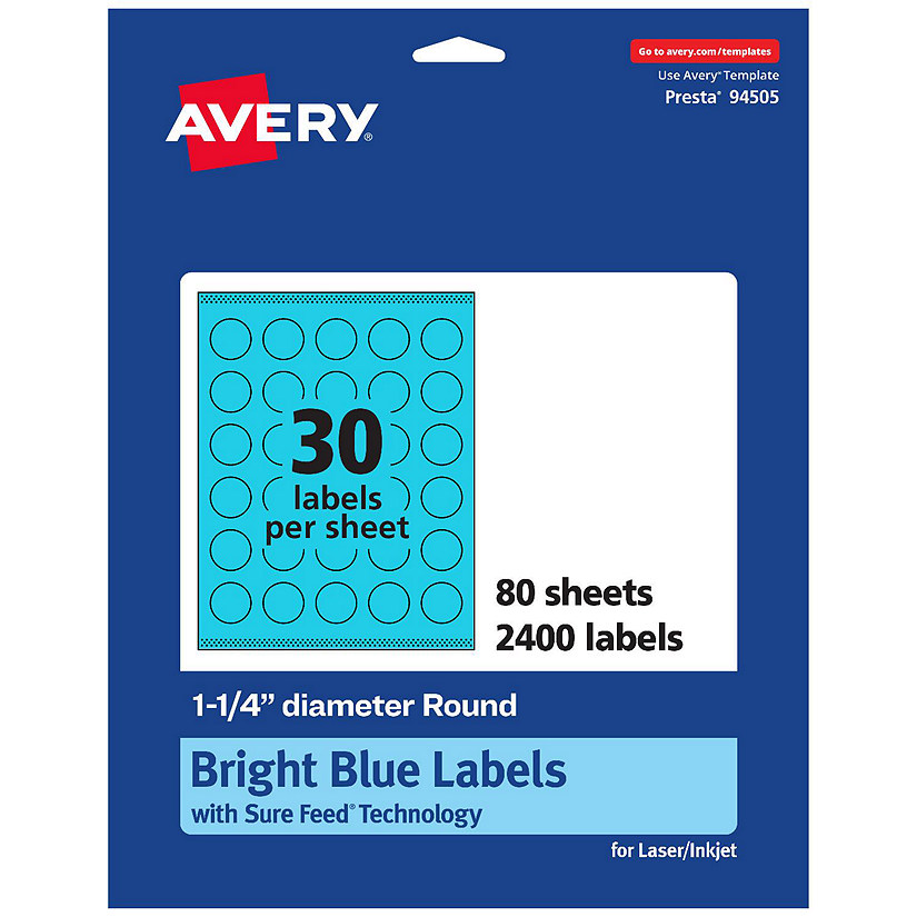 Avery Printable Round Labels, Bright Blue, 1.25" Diameter, 2,400ct | Oriental Trading
