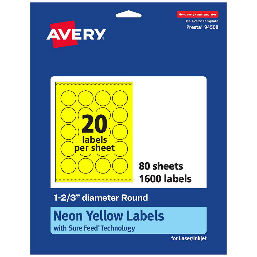 Avery Printable Round Labels, Neon Yellow, 12/3" Diameter, 1,600ct