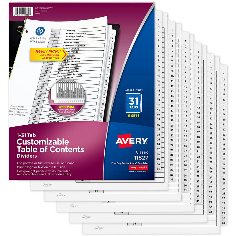 Avery Ready Index 31 Tab Dividers, Customizable TOC, 6 Sets (11827) | Oriental Trading