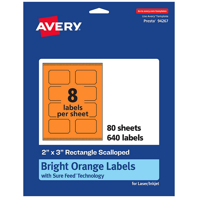 Avery Rectangle Scalloped Labels, Bright Orange, 2" x 3", 640ct