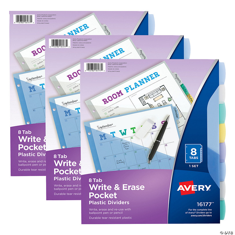 Avery Write &amp; Erase Pocket Plastic Dividers, 8-Tab Set, Multicolor, 3 Sets Image