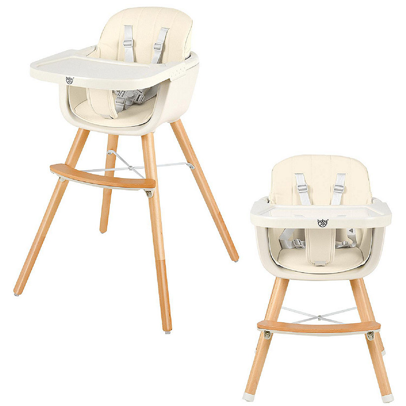 Babyjoy 3 in 1 Convertible Wooden High Chair Baby Toddler Highchair w/ Cushion Beige Image