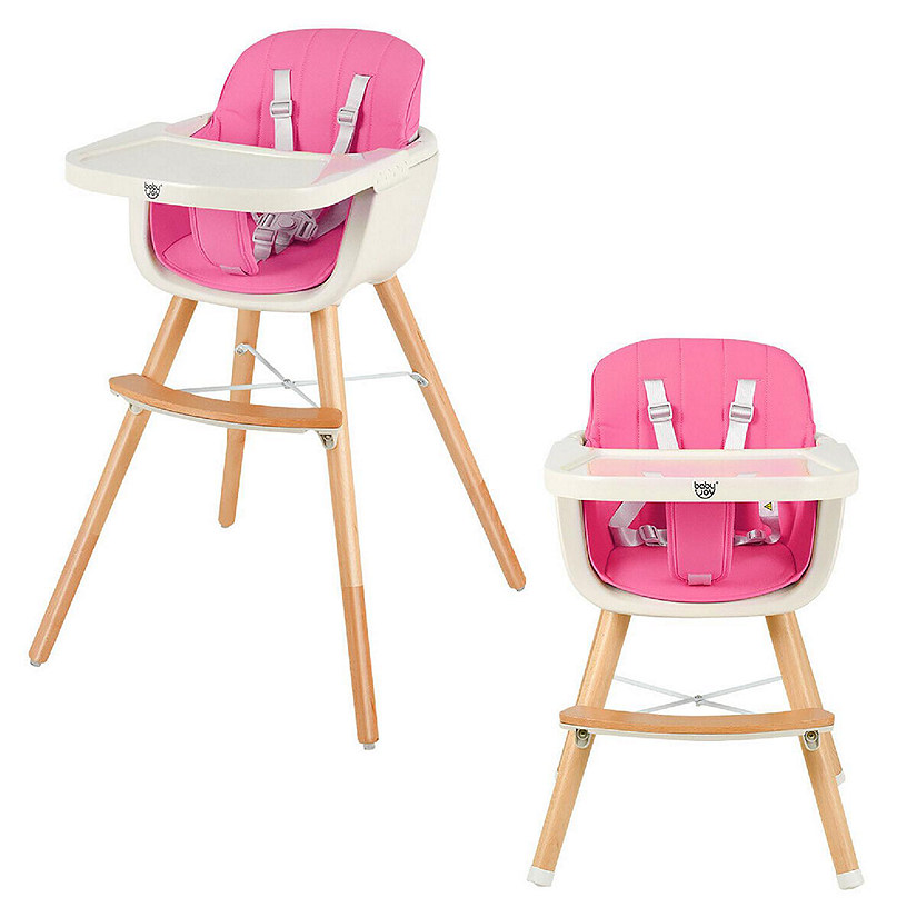 Babyjoy 3 in 1 Convertible Wooden High Chair Baby Toddler Highchair with Cushion Pink Image