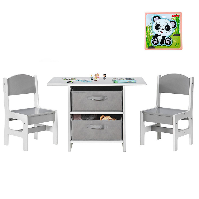 Babyjoy Kids&#160;Art&#160;Play&#160;Wood&#160;Table&#160;and&#160;2&#160;Chairs&#160;Set&#160;w/&#160;Storage&#160;Baskets&#160;Puzzle Image