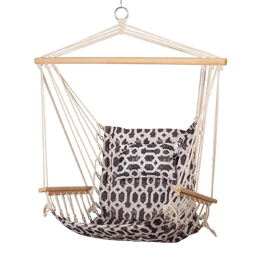 Backyard Expressions - Hanging Chair with Pillow & Arms - Grey/White Geometric Image