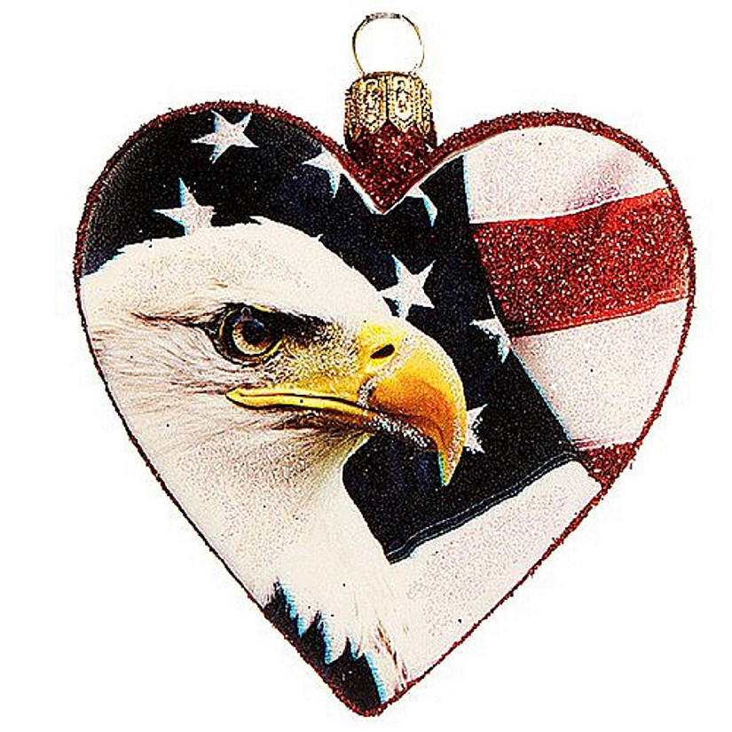 Bald Eagle with American Flag Heart Polish Glass Christmas Ornament Patriotic Image