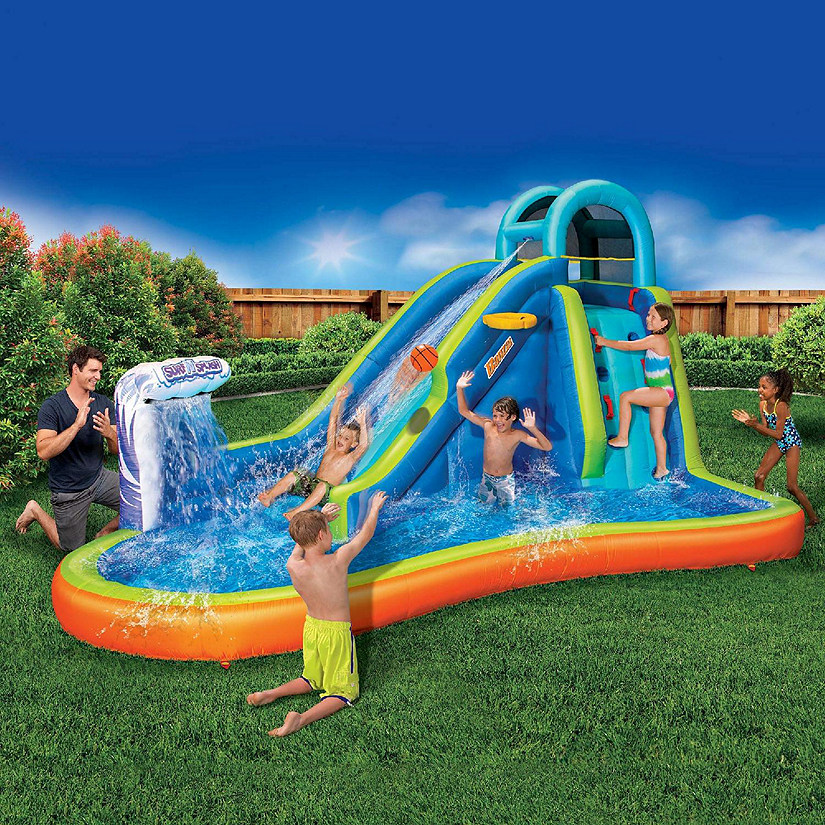 Banzai Inflatable Giant Water Slide - Huge Pool (14 Feet Long by 8 Feet High) with Built in Sprinkler Wave and Basketball Hoop Image