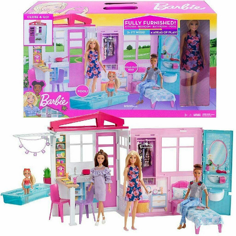 Barbie Doll and Dollhouse Portable 1Story Playset with Pool and