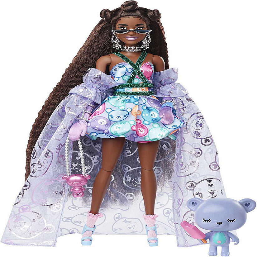 Barbie Extra Fancy Doll in Teddy-Print Gown eddy Bear Pet, Extra-Long Hair Image