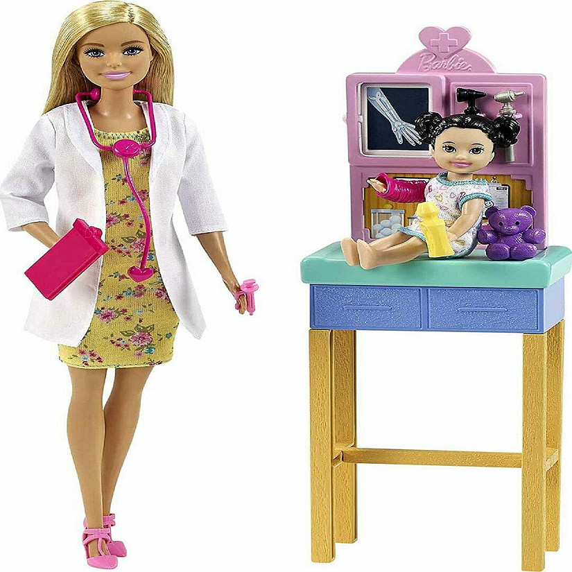 Barbie&#8482; Pediatrician Playset, Blonde Doll (12-in), Exam Table, X-ray, Stethoscope, Tool, Clip Board, Patient Doll, Teddy Bear, Image