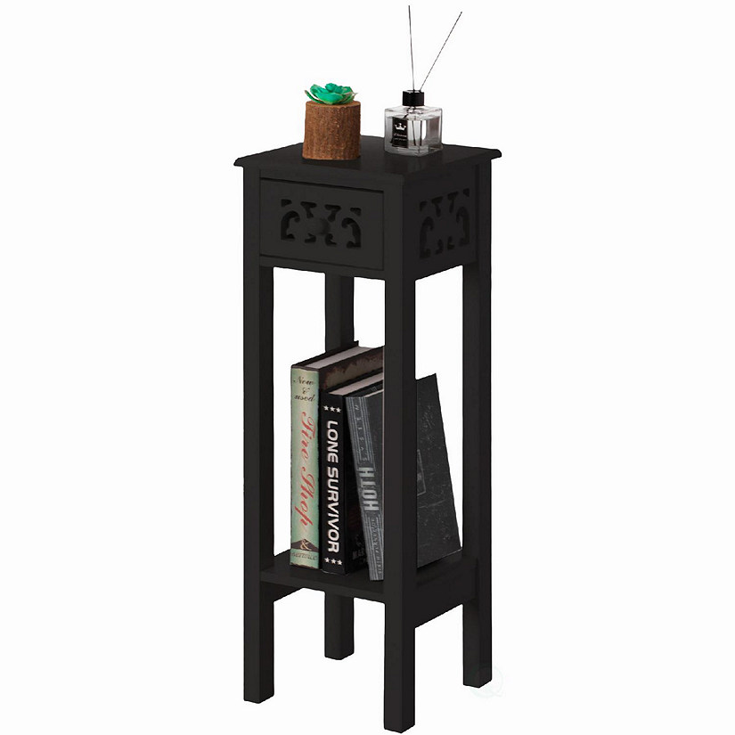 Basicwise Acacia Wood Slim Bedside Table with Minimalist Design and Space-Saving Functionality, Wood Drawer and Open Shelf Side Table, Black Image