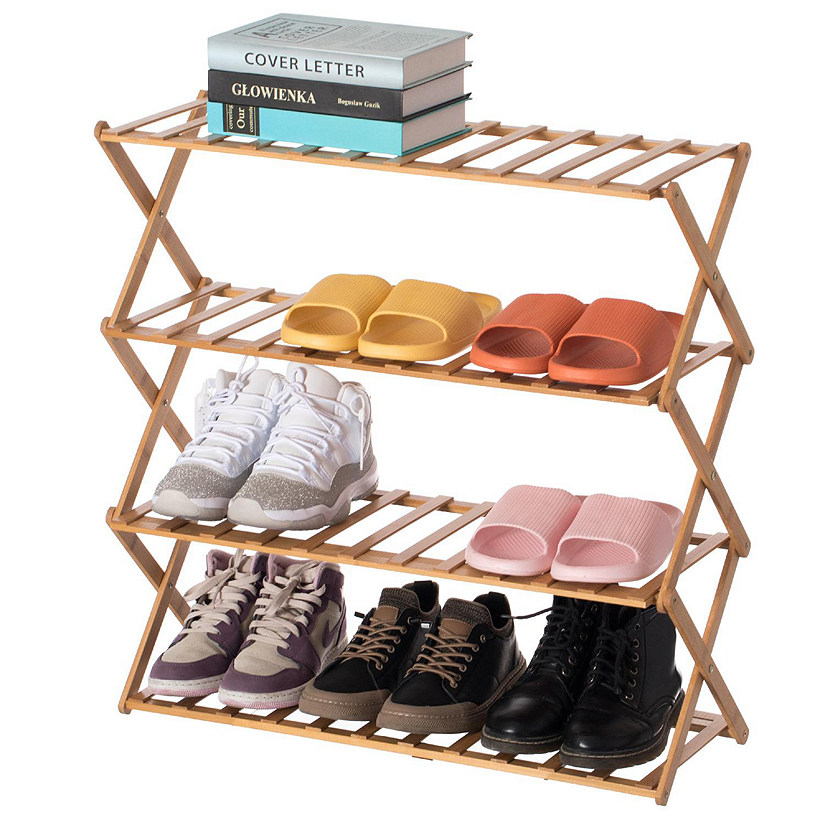 Basicwise Bamboo Foldable Shoe Rack, Free Standing Shoe Organizer Storage Rack, 4 Tier Image