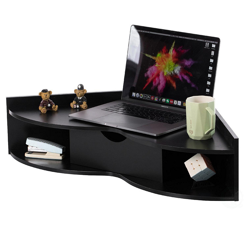 Basicwise Black Corner Desk Heart Shaped Wall Mounted Office Table with Drawer and Two Shelves Computer Writing Desk Image