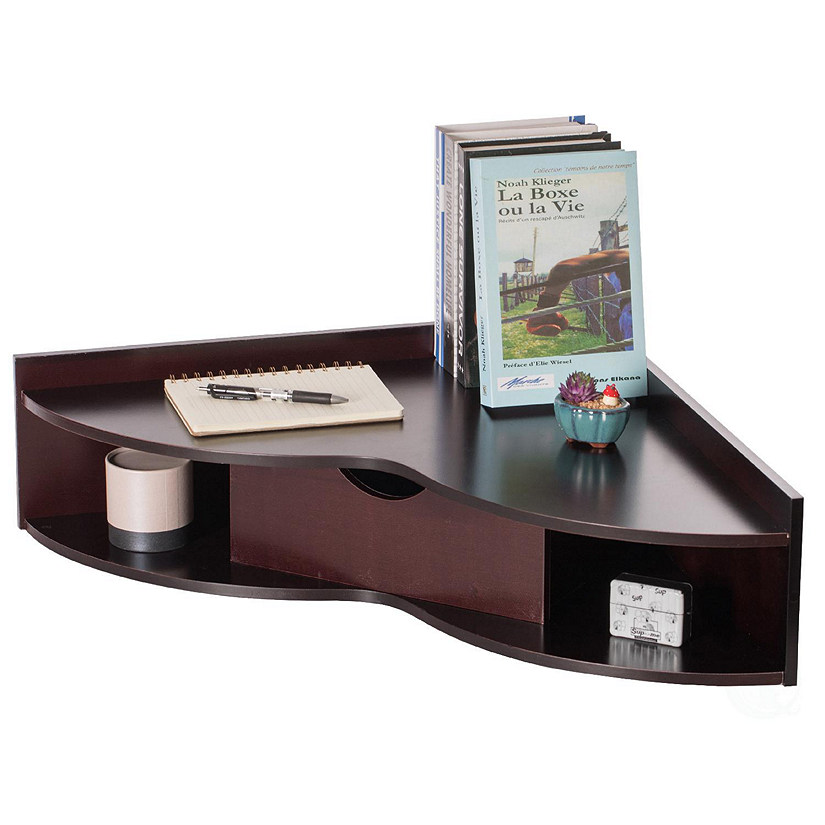 Basicwise Brown Corner Desk Heart Shaped Wall Mounted Office Table with Drawer and Two Shelves Computer Writing Desk Image