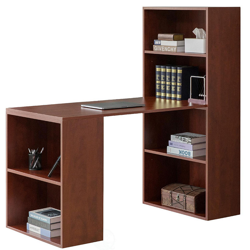 Basicwise Computer Writing Workstation Table with Combo Bookshelf Bookcase, Large Cherry Image