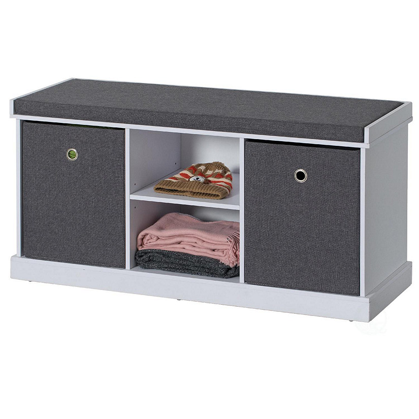 Basicwise MDF Storage Box Shoe Bench with 2 Shelves, Foldable Baskets and a Gray Cushion, White Image