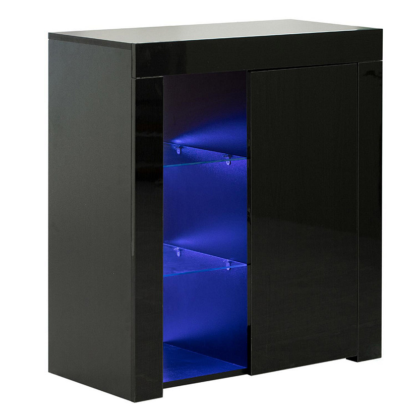 Basicwise Office or Living Room Side Storage Cabinet With LED, Black Image