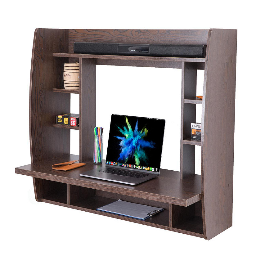 Basicwise Wall Mount Laptop Office Desk with Shelves, Brown Image