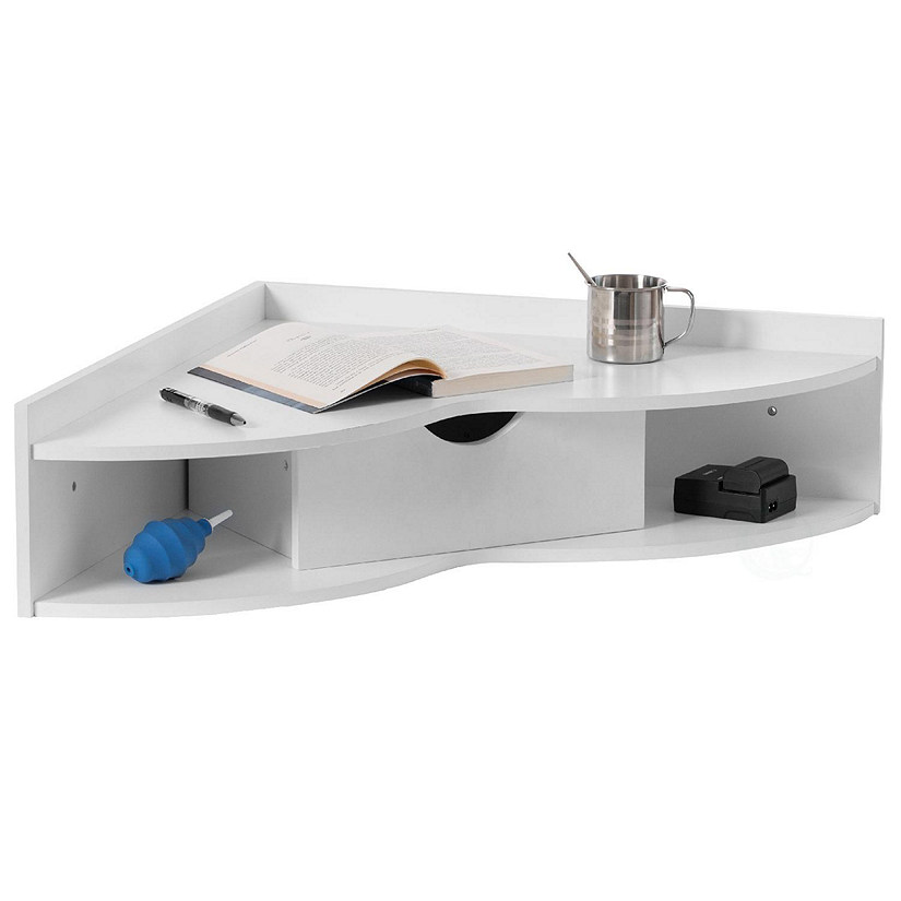 Basicwise White Corner Desk Heart Shaped Wall Mounted Office Table with Drawer and Two Shelves Computer Writing Desk Image