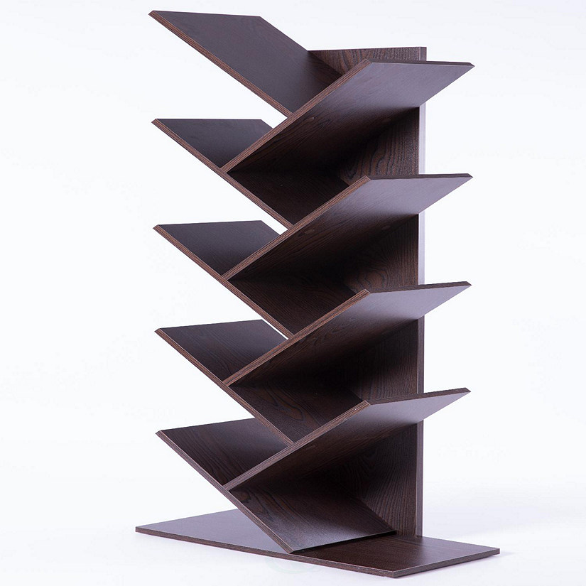 Basicwise Wooden 9-Shelf Tree Magazine CD Storage Bookcase, Brown Image