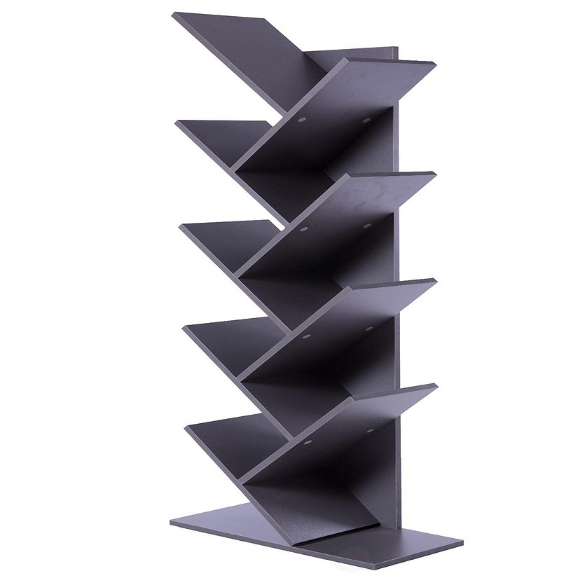 Basicwise Wooden 9-Shelf Tree Magazine CD Storage Bookcase, Gray Image