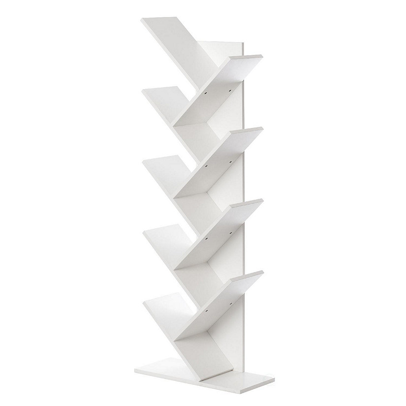 Basicwise Wooden 9-Shelf Tree Magazine CD Storage Bookcase, White Image
