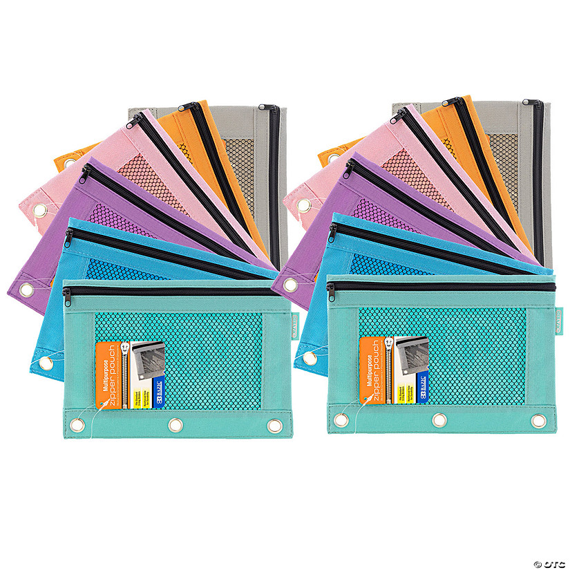 BAZIC Products 3-Ring Pencil Pouch with Mesh Window, Pastel Colors, Pack of 12 Image